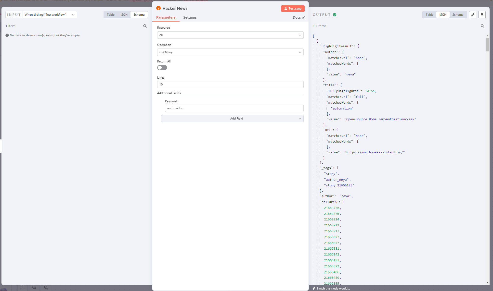 Results in JSON view for the Hacker News node